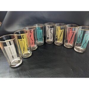 MCM 1960's High Ball Glasses Lucky Number 1 2 3 4 5 6 7 8 Set Gold‎ Rim